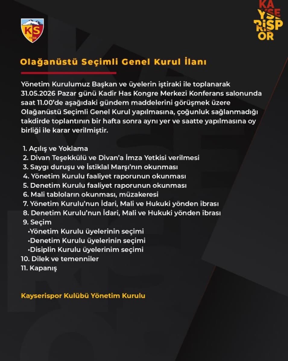 Birinci Lig’e düşen Kayserispor’da yönetim Olağanüstü Genel Kurul kararı aldı