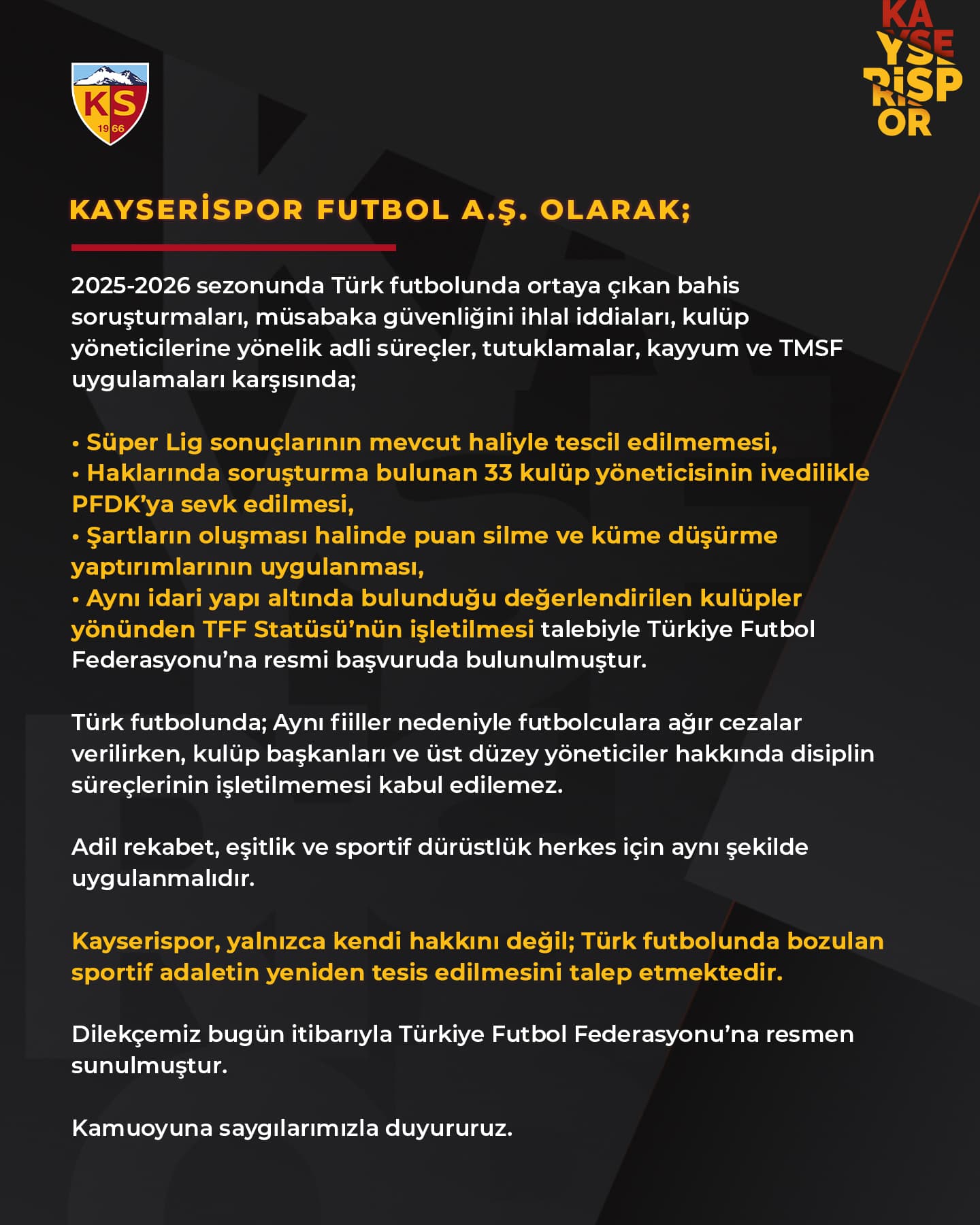 Kayserispor, Süper Lig sonuçlarının mevcut haliyle tescil edilmemesi için TFF’ye başvurdu