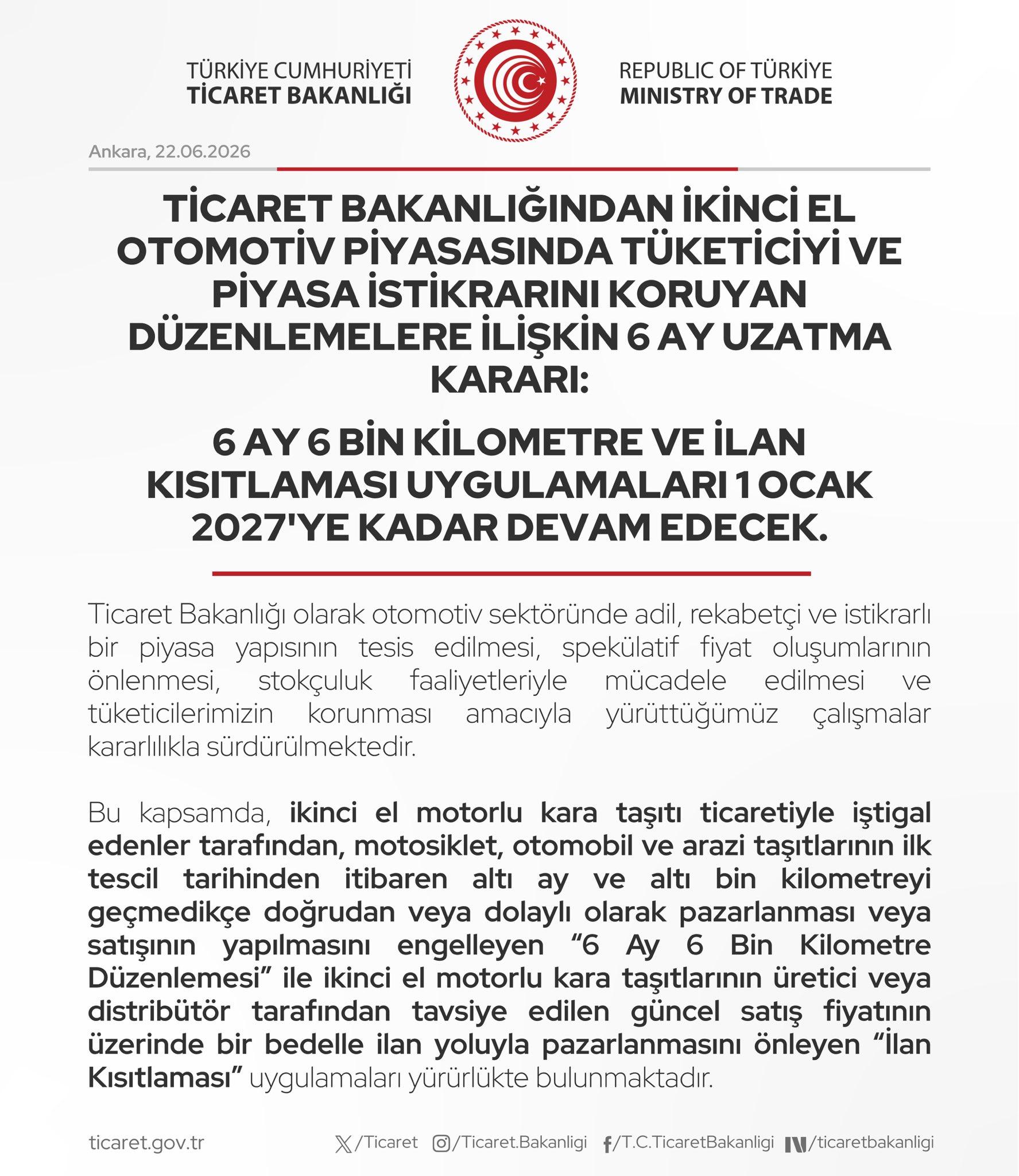 6 ay 6 bin kilometre ve ilan kısıtlaması uygulamaları 1 Ocak 2027'ye kadar uzatıldı 