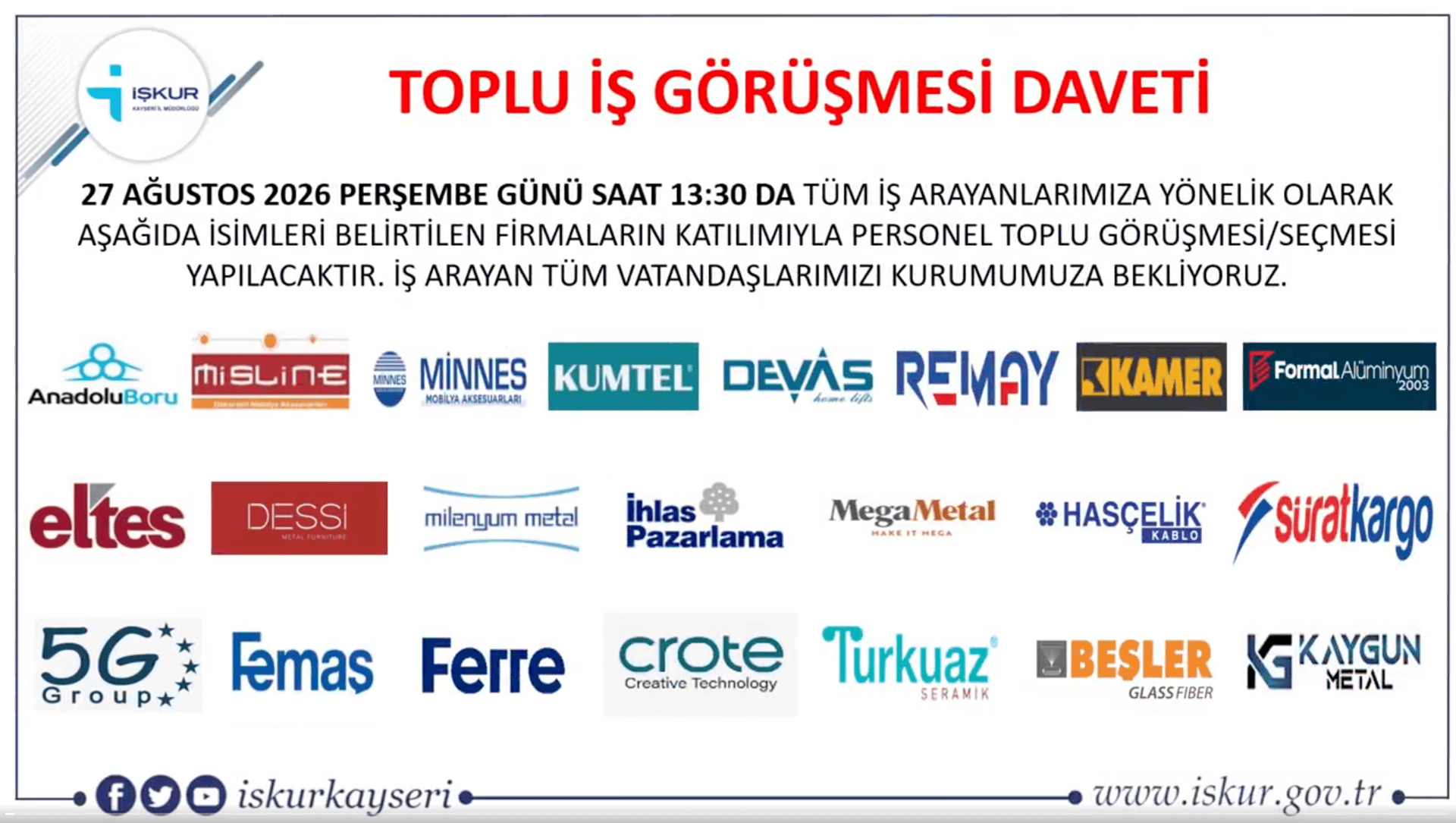 Kayseri’de 578 kişilik toplu iş görüşmesi yapılacak