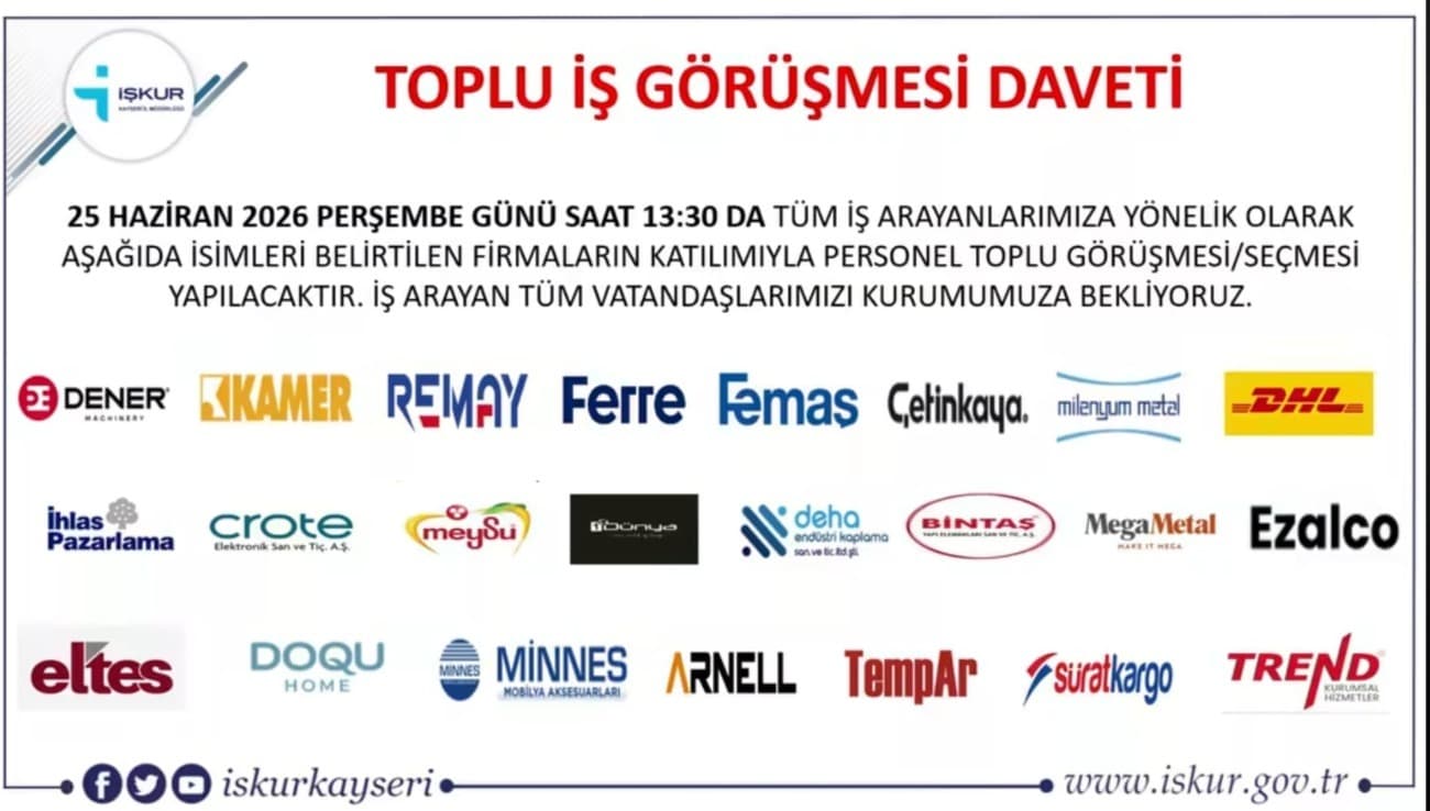 Kayseri’de 476 kişilik eleman alımı için toplu iş görüşmesi gerçekleştirilecek
