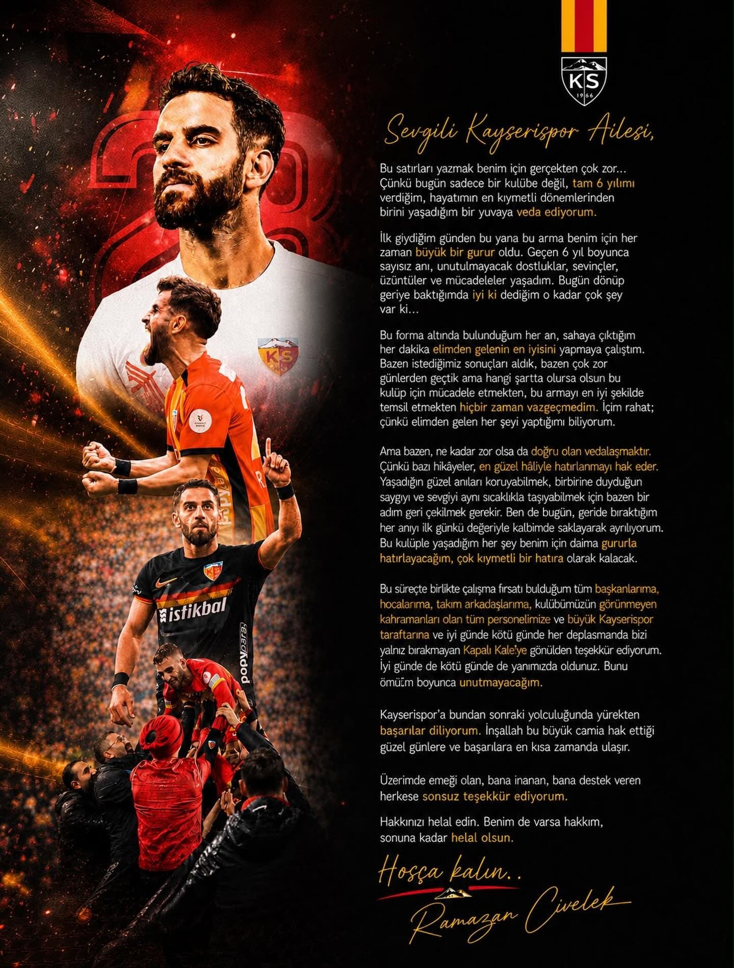 Kayserispor’dan ayrılan Ramazan Civelek veda mesajı yayınladı