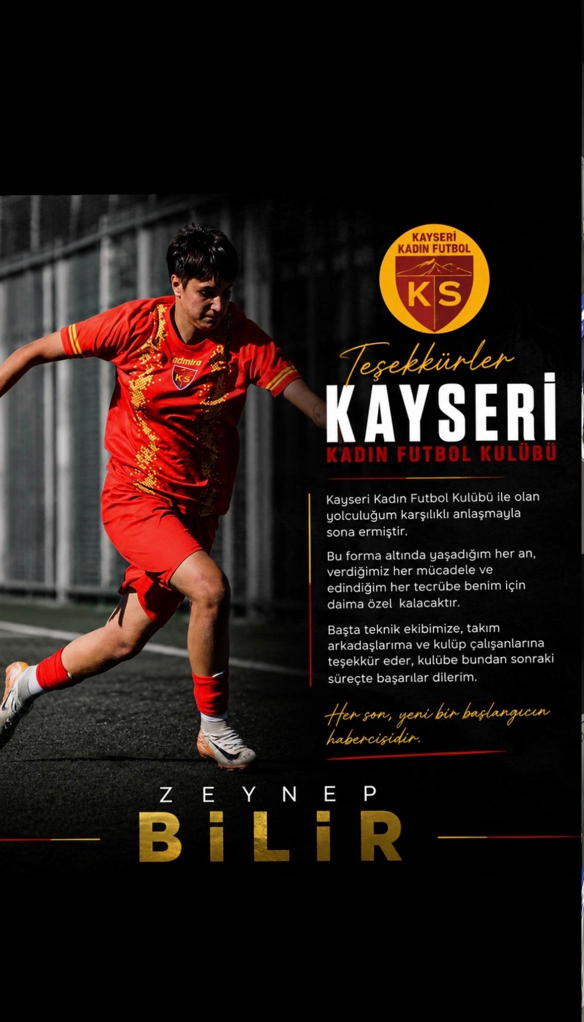 Kayserili futbolcu Zeynep Bilir, Kayseri Kadın FK’dan ayrıldığını duyurdu