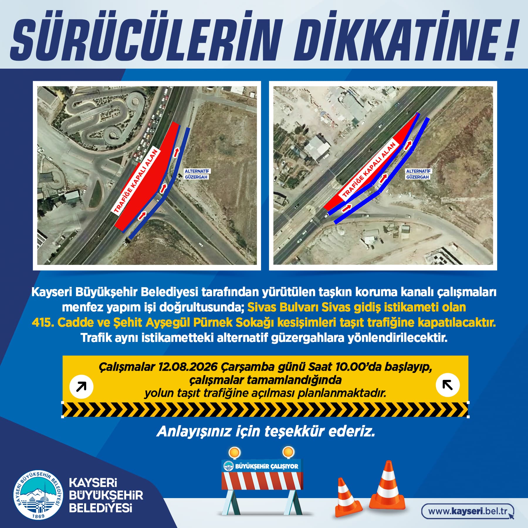 Sivas Bulvarı’nın bir bölümü çalışmalar nedeniyle trafiğe kapatılacak