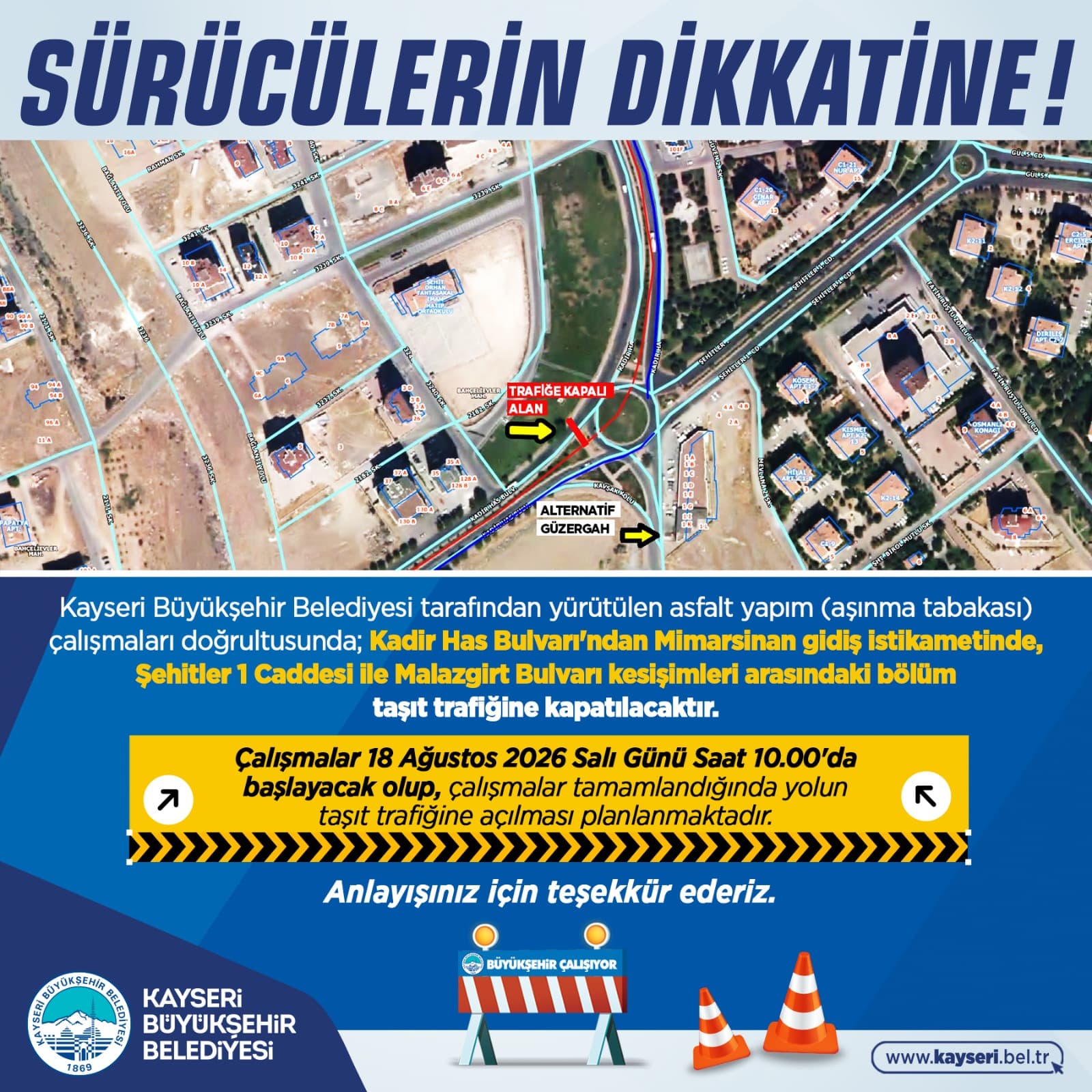 Mimarsinan gidiş istikametindeki yol, asfalt çalışması nedeniyle trafiğe kapatılacak