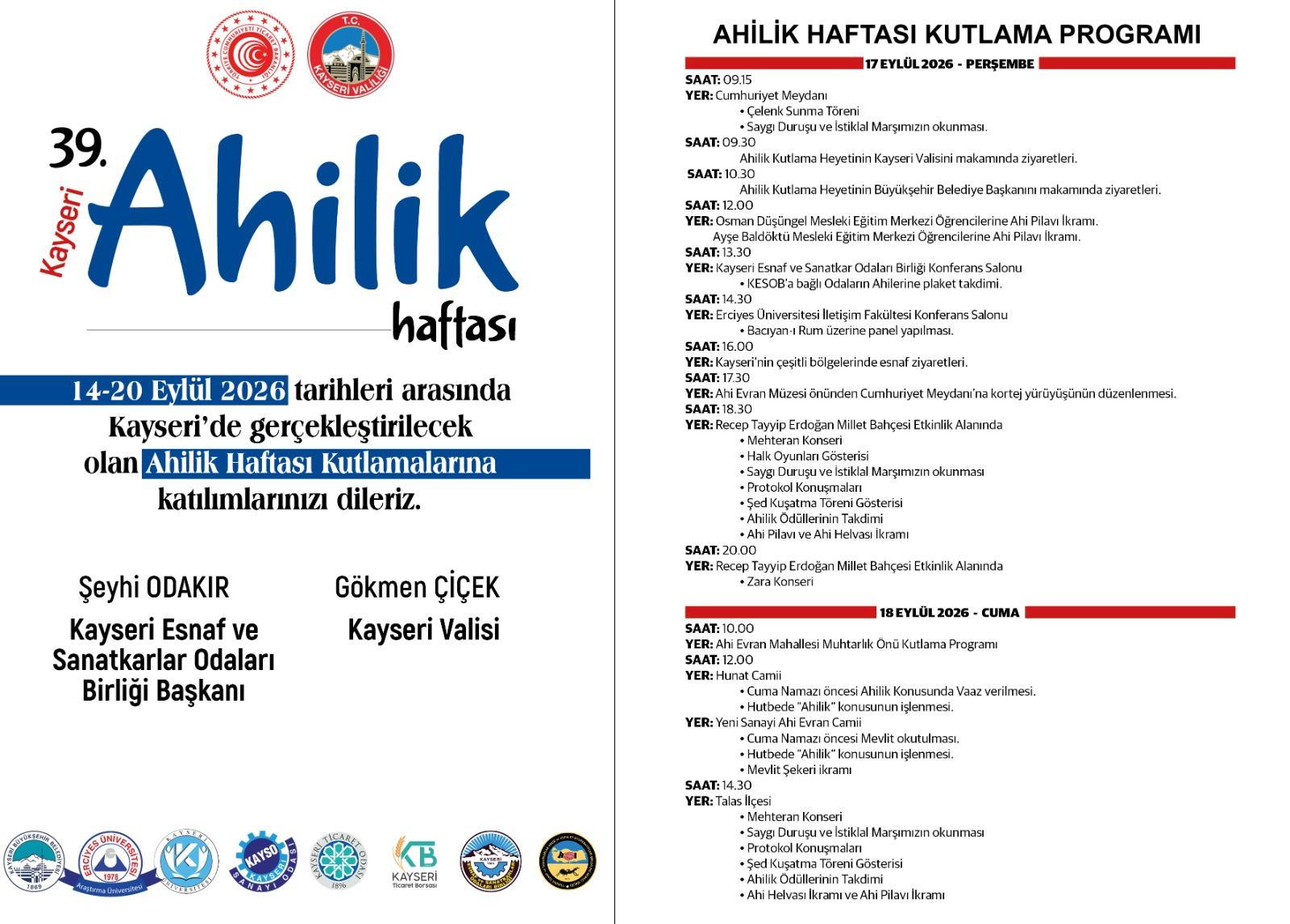 Kayseri’de 39. Ahilik Haftası kutlamaları 14 Eylül’de