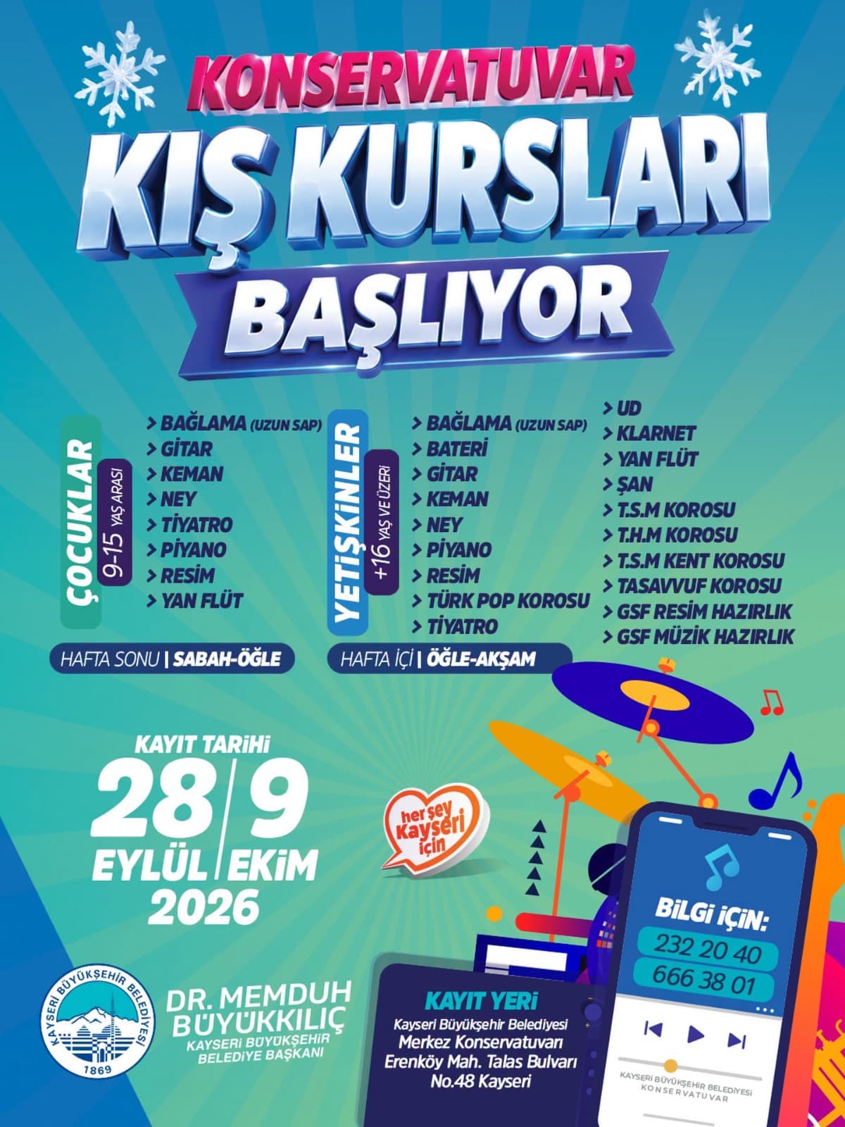 Kayseri Büyükşehir Konservatuvarı'nda kış kursları için kayıtlar başlıyor
