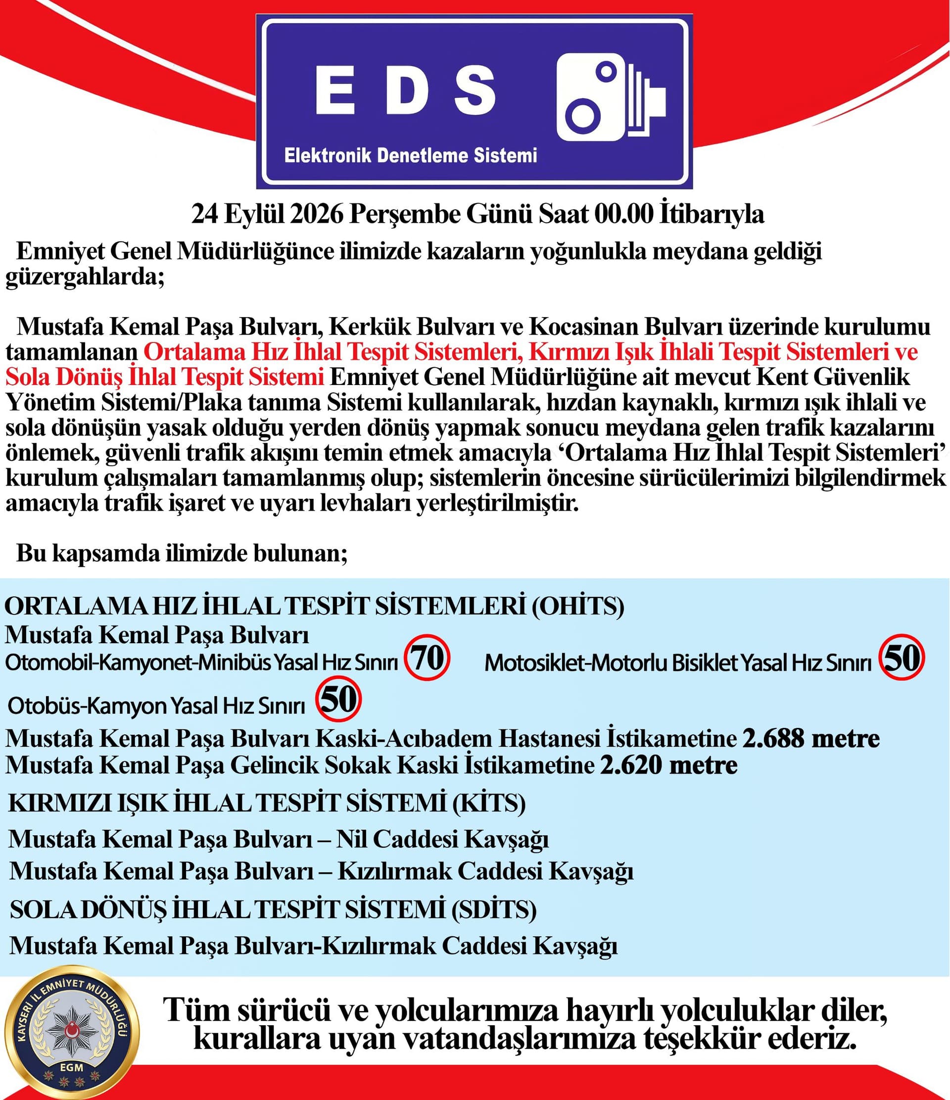 Kayseri’de 3 güzergahta EDS aktif hale geliyor